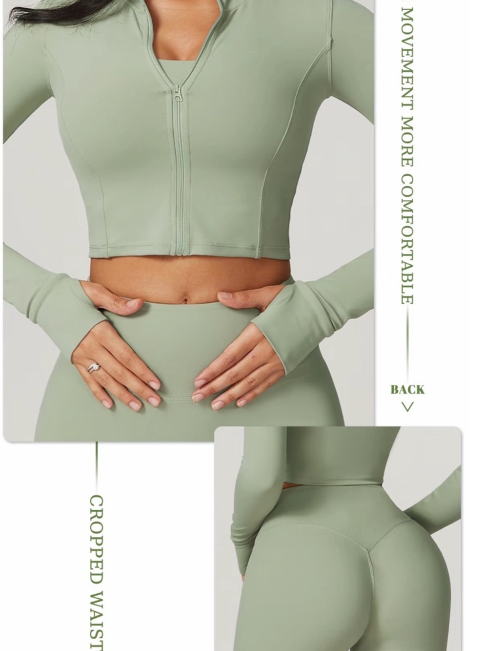 Seamless Sage Green Zip-Front Cropped Active Top - Unbranded
